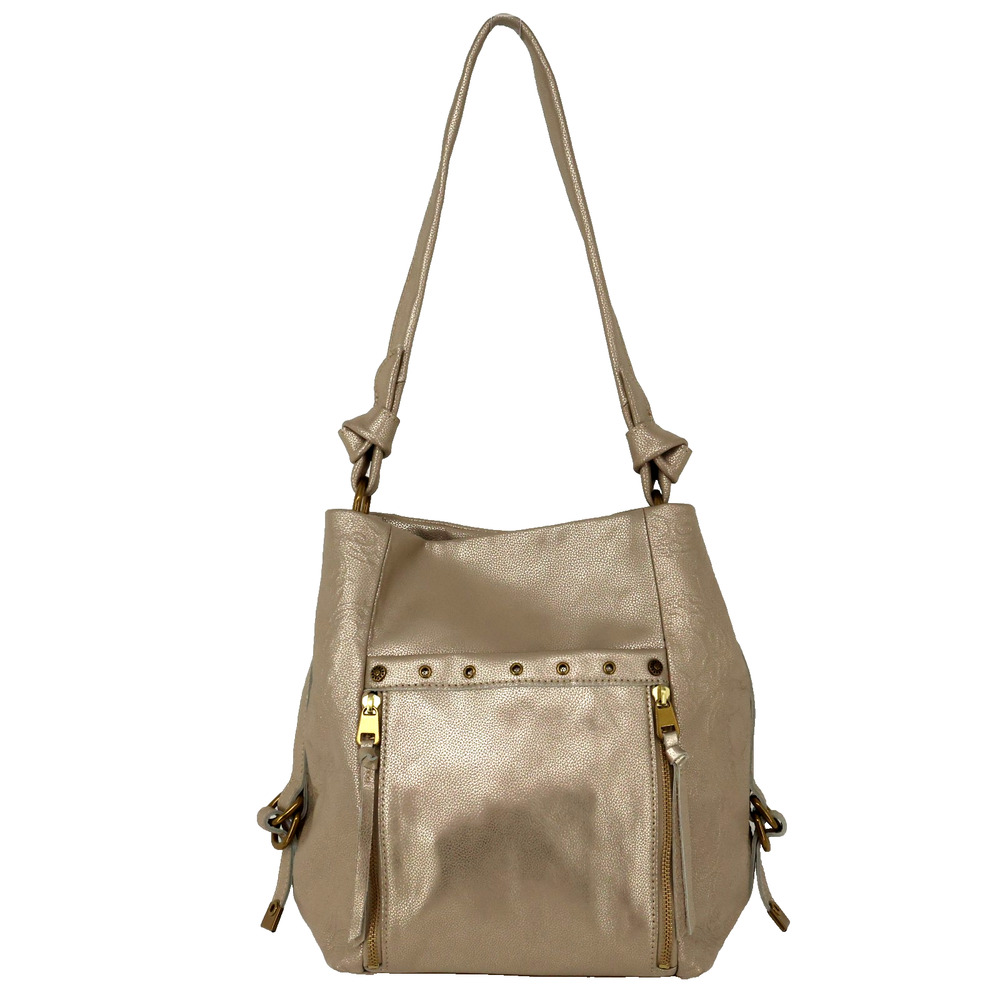 The Sak Gold Metallic Handbag Womens Shoulder Bag Charm Outer Zippers Grommets